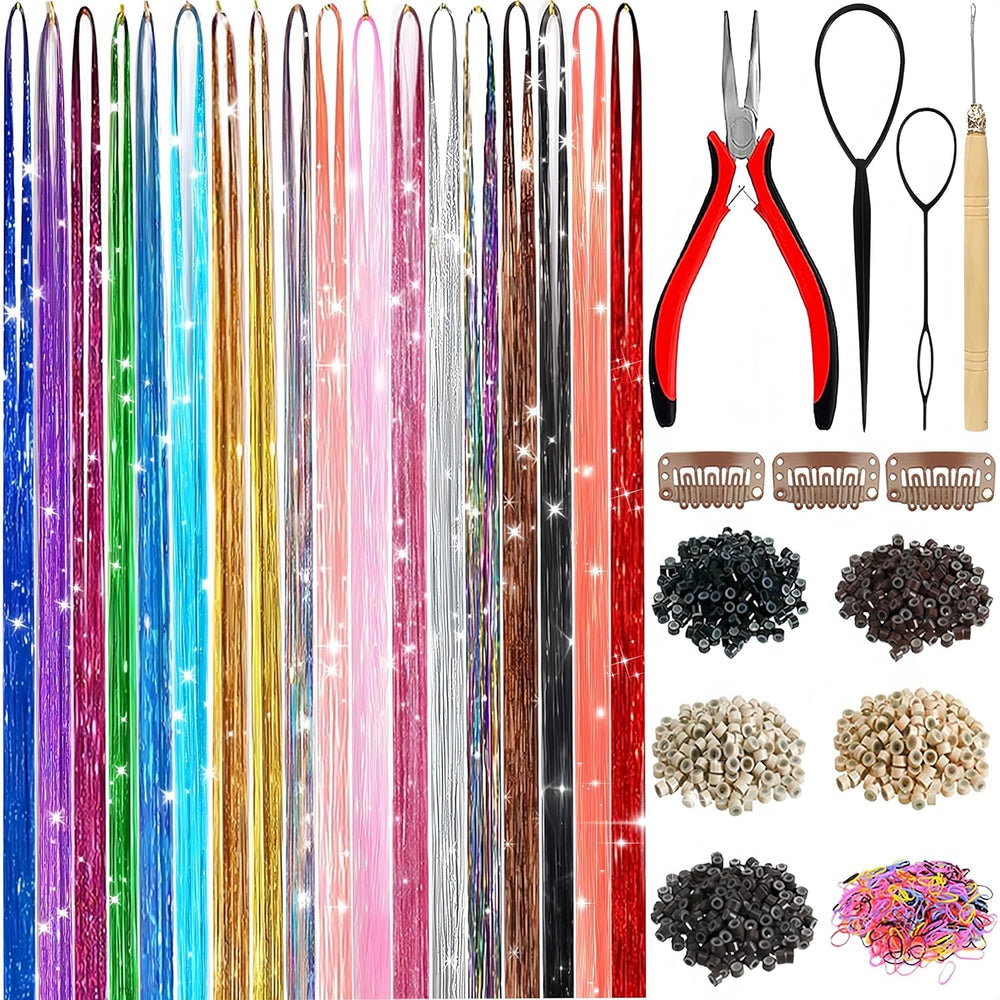 LEDIZE Hair Tinsel Kit shows vibrant 18-color strands for festive looks.