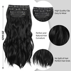 LEEONS black 20-inch clip-in assembly demonstrates easy 4-piece set.