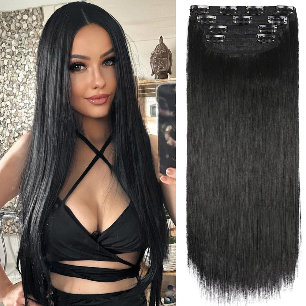 LEEONS black straight clip-in weft with 4 clips for quick length and volume