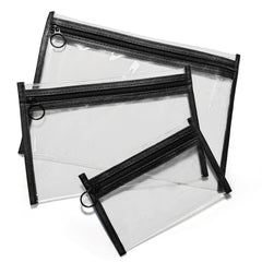 Leevanoo clear makeup bags 3-pack front view, easy travel organization.