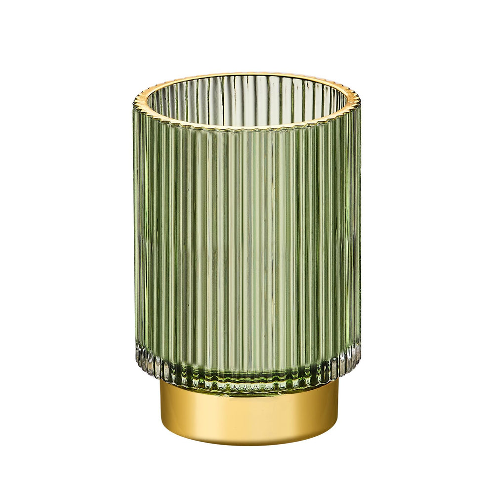 LEICURACE makeup brush holder with striped glass and gold base for chic organization.