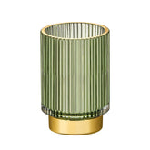 LEICURACE makeup brush holder with striped glass and gold base for chic organization.