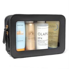 LETGO Clear Makeup Bag front view with sleek PU exterior and TSA-friendly design.