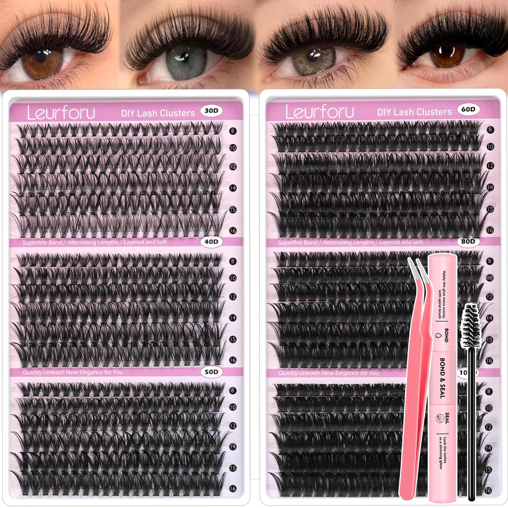 Leurforu lash clusters kit display with 708 pieces and varied densities for versatile looks.