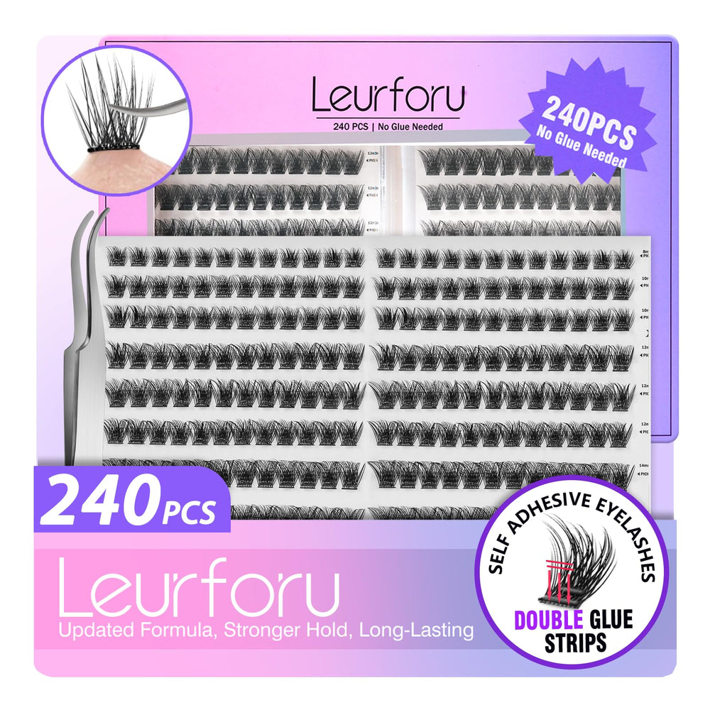 Leurforu self-adhesive eyelash kit 240pcs closeup for effortless daily lash style.
