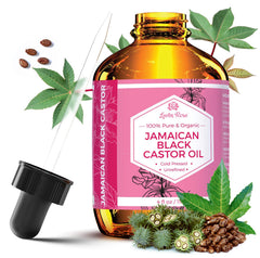 Leven Rose aceite ricino jamaicano, frasco oscuro con gotero para aplicación precisa en el cabello.