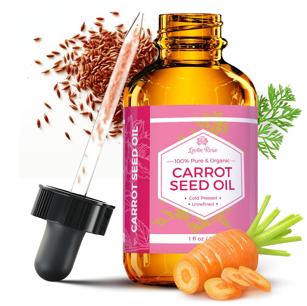 Leven Rose Aceite de Zanahoria en botella oscura para conservar su pureza y efectividad.