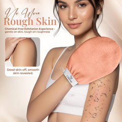 L'Exfose Kessa Hammam glove with circular-rub motion buffing skin.
