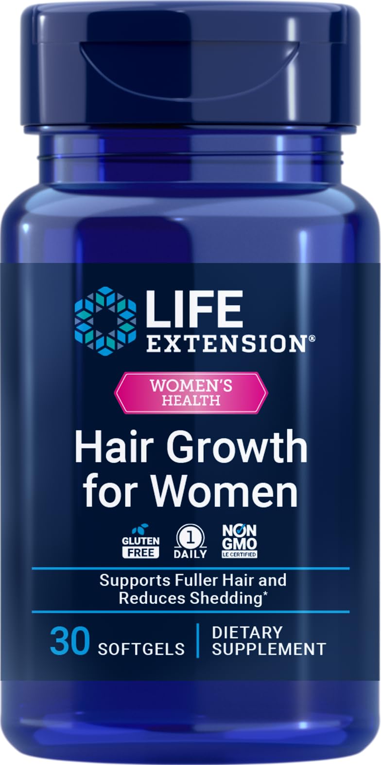 Life Extension Hair Growth para mujeres, botella de cápsulas, apoyo al crecimiento capilar diario.