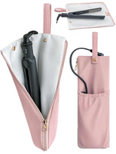 Lifeplus pink holder-mat in closed view safely stores hot tools for travel.