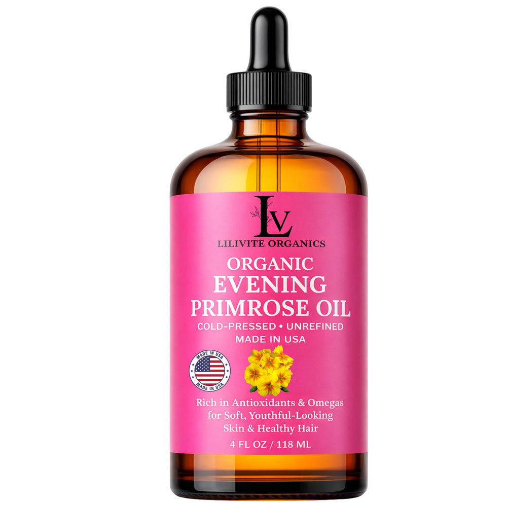 LILIVITE ORGANICS Aceite de Onagra en botella ámbar para piel suave.