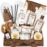 LILY ROY bath gift basket contents showing 17-piece spa set for indulgent pampering