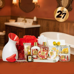 LILY ROY shower gel, body lotion, and bath salts display for pampering.