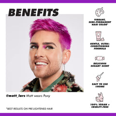 Lime Crime Pony Unicorn Hair Dye gloves highlight mess-free application for home use.