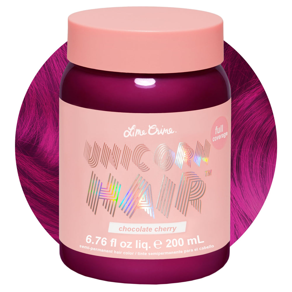 Lime Crime Unicorn Hair Dye Chocolate Cherry bottle for vibrant burgundy color.
