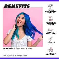 Lime Crime Unicorn Hair Dye Mystic Electric Blue on hair shows bold transformation and high shine