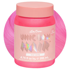 Lime Crime Unicorn Hair Sour Candy bottle close-up for vibrant pink color.