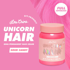 Lime Crime Unicorn Hair Sour Candy packaging showcases vegan cruelty-free formula.