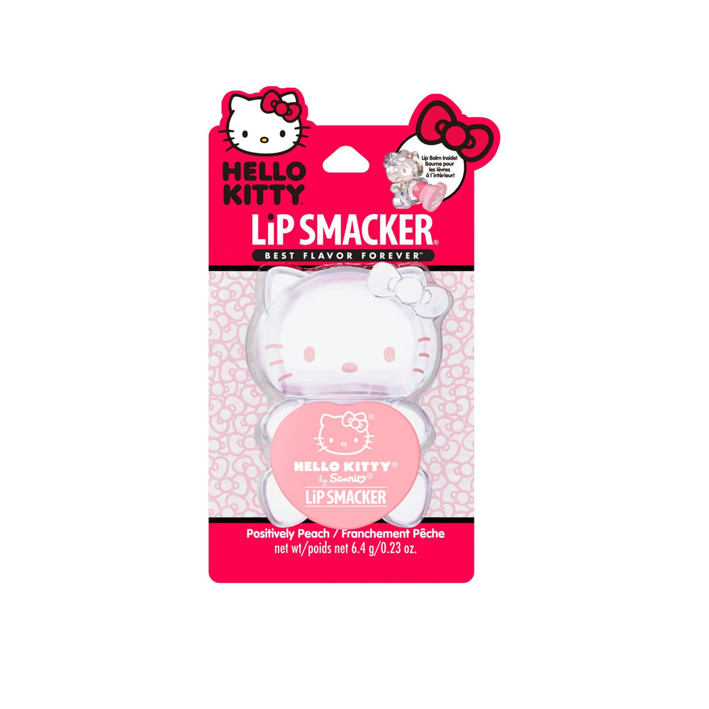 Lip Smacker Hello Kitty peach gummy balm character close-up for playful lip care.