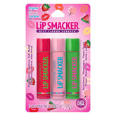 Lip Smacker strawberry lip balm trio tubes for on-the-go hydration.