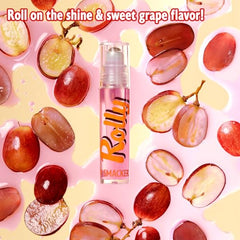 Close-up of Lip Smacker Rolly gloss applying grape-flavored refreshing shine.