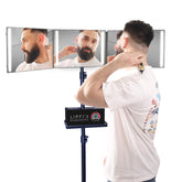 LIPFISBARBERSHOP.COM 360° mirror on tripod provides full-angle view for precise self haircuts.