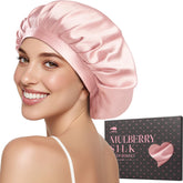 LitBear pink silk bonnet packaging highlights premium silk for nightly hair care.