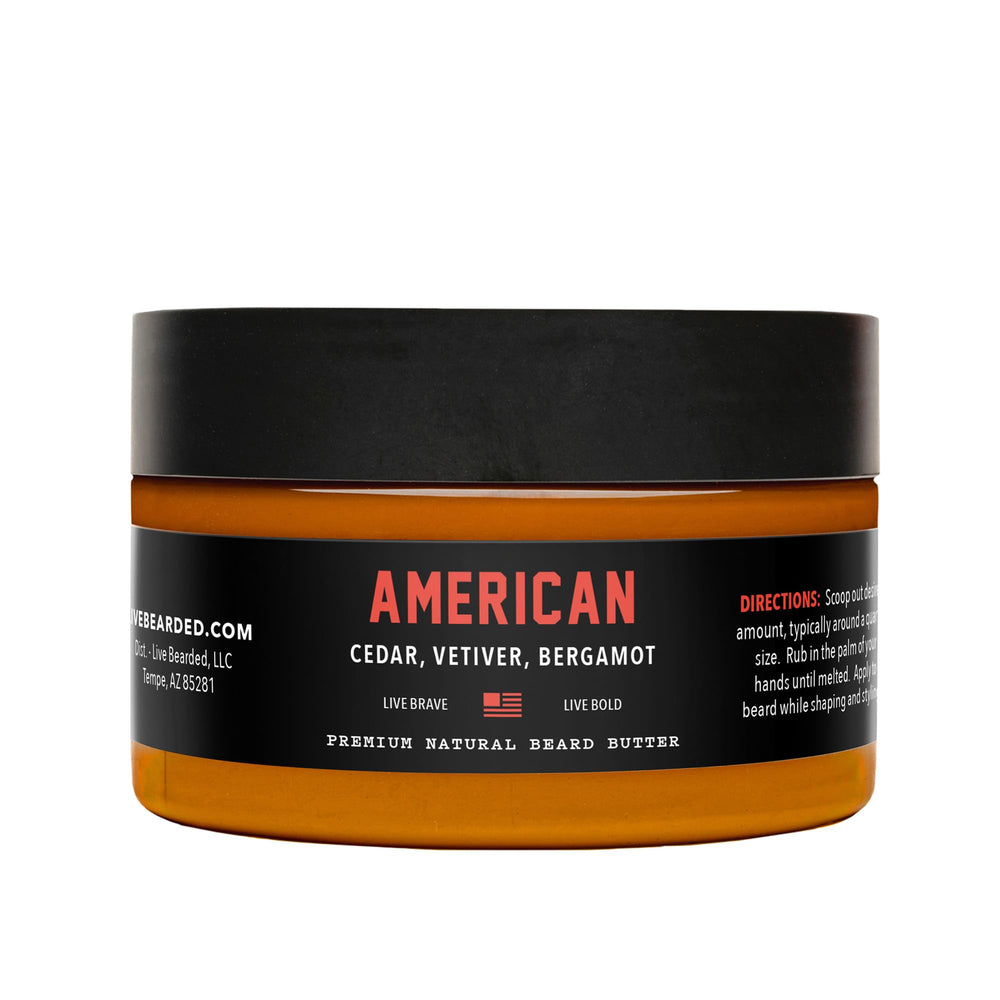 Live Bearded beard butter jar shows creamy texture for deep conditioning.