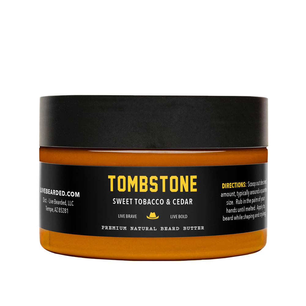 Live Bearded beard butter Tombstone scent front label highlighting natural formula
