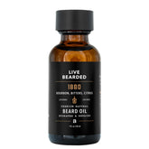 Live Bearded 1880 Scent beard oil bottle on display, promoting hydrated skin and soft beard.