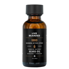 Live Bearded 1880 Scent beard oil bottle on display, promoting hydrated skin and soft beard.