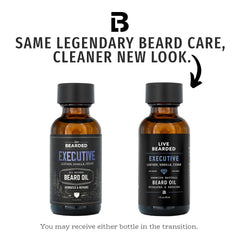 Live Bearded 1oz bottle with cedar-vanilla label for premium beard care.
