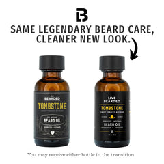 Live Bearded Tombstone Beard Oil label closeup showing premium natural ingredients