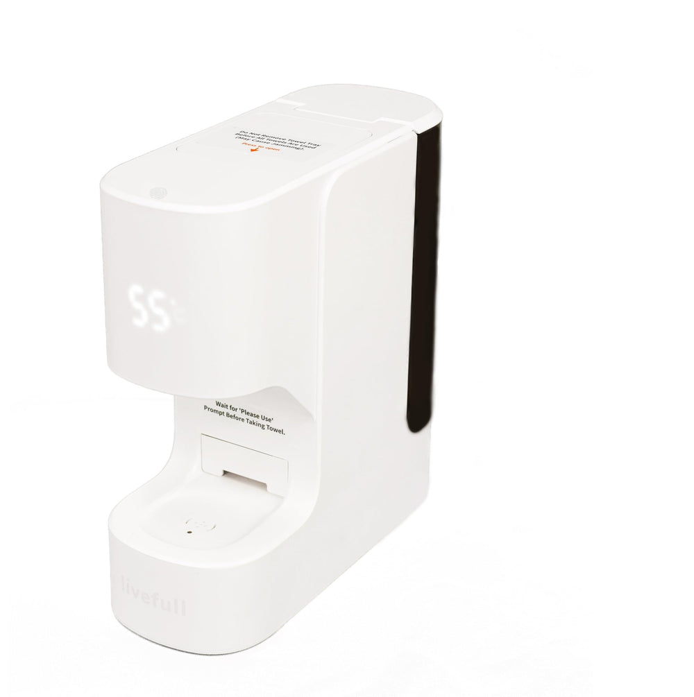 LiveFull hot face towel heater on a bathroom counter delivering spa warmth