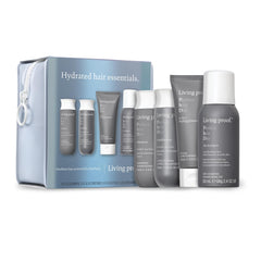Living Proof Hydrated Hair Essentials Kit packshot showing silicone-free hydration for smoother hair.
