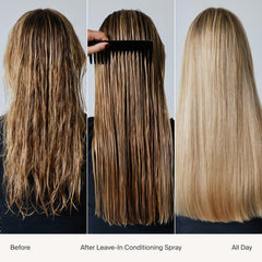 Living Proof Leave-In Conditioning Spray dispensing nozzle demonstrates precise application for protected hair