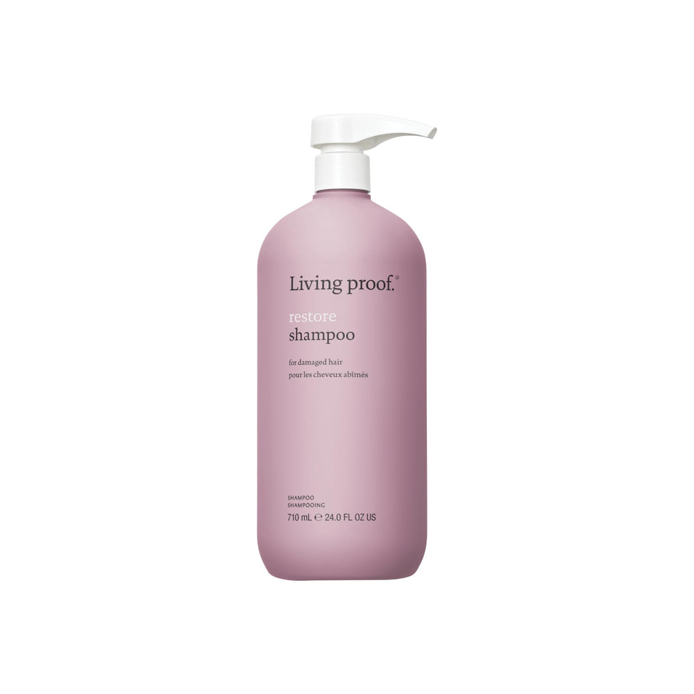 Living Proof Restore Shampoo bottle-front shows repair-focused formula for all hair types.