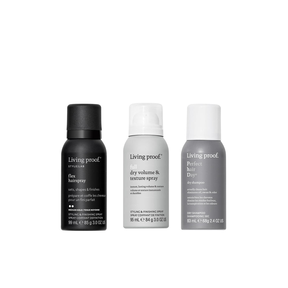 Living Proof travel bundle packaging highlights on-the-go hair care benefits.