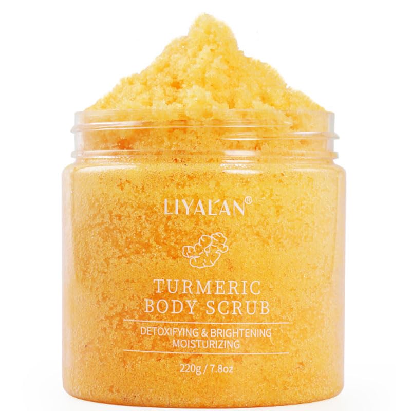 LIYALAN turmeric body scrub bottle close-up for convenient at-home exfoliation.
