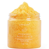 LIYALAN turmeric body scrub bottle close-up for convenient at-home exfoliation.