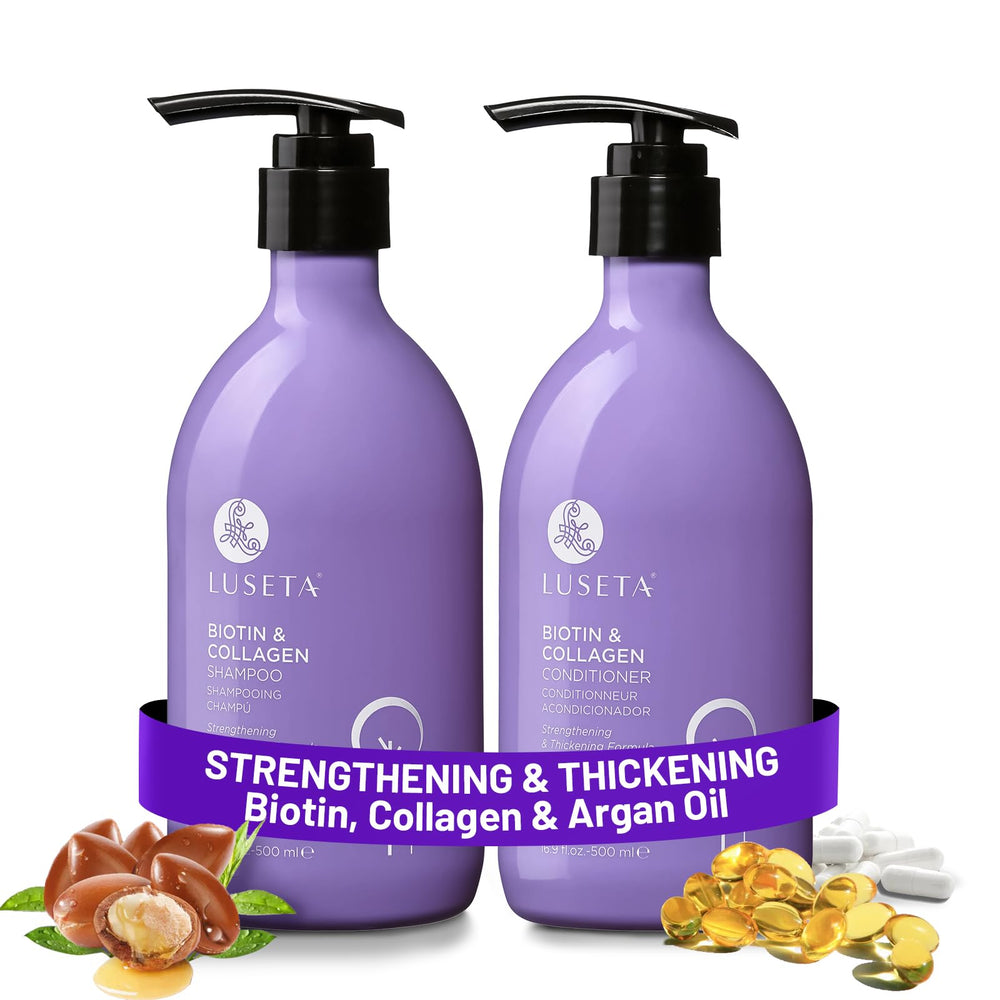 L LUSETA Biotin Shampoo bottle shows thickening formula for thinning hair.