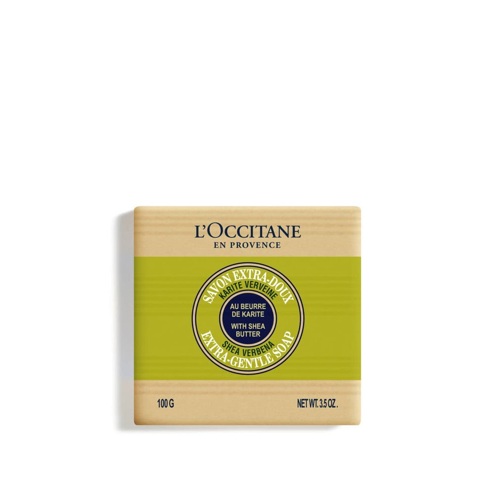 Jabón sólido L'Occitane Shea Verbena en empaque elegante; aroma cítrico suave para la piel.