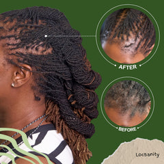 Locsanity herramienta interbloqueo curvada para cabello rasta mostrando flexibilidad de uso.