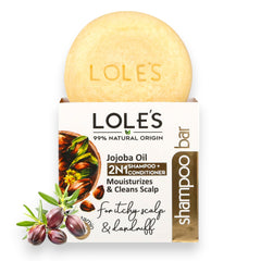 LOLE'S 2in1 shampoo bar with jojoba oil closeup for scalp comfort.