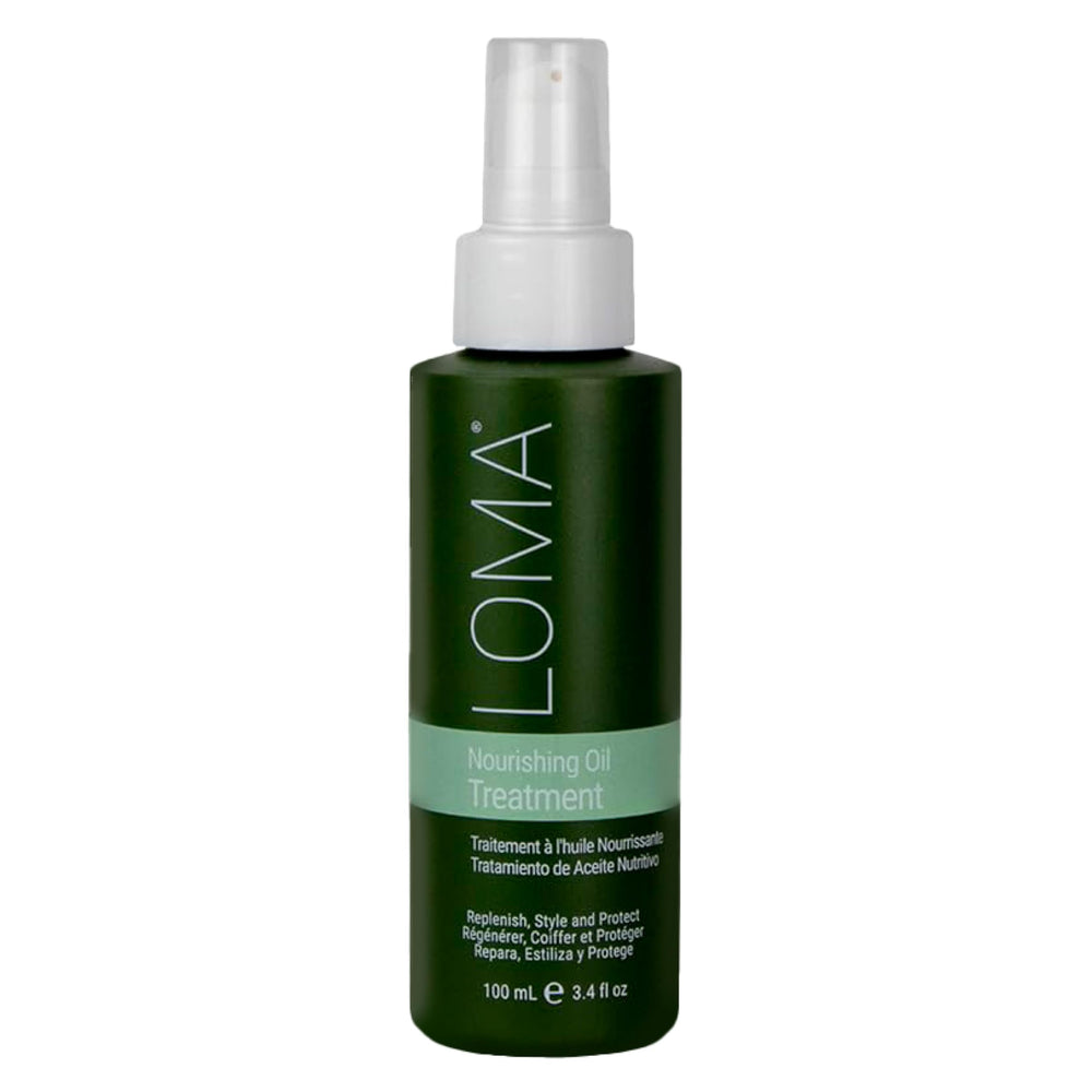 Loma Nourishing Oil Treatment bottle showing heat protection up to 450°F