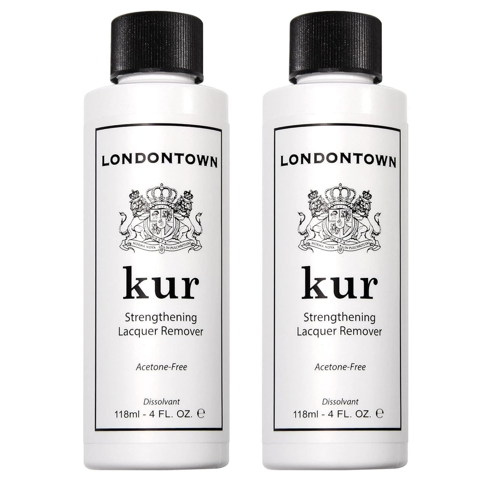 LONDONTOWN acetone-free remover bottle front, gentle polish removal without drying nails.