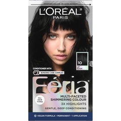 L’Oréal Paris Feria Jet Black 10 application reveals rich, long-lasting color on dark hair.