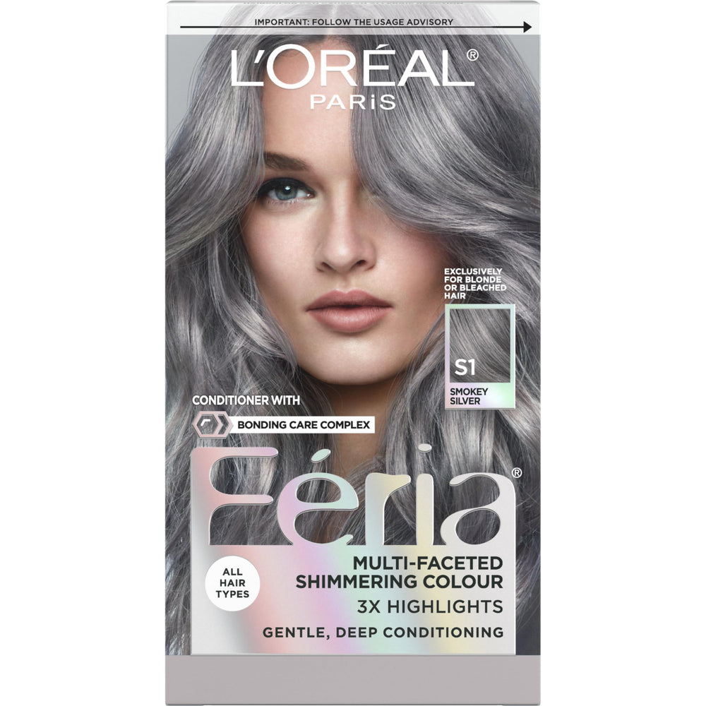 L'Oreal Paris Feria Smokey Silver hair color kit adds multidimensional shimmer for bold at-home color.