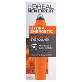 L'Oreal Men Expert Hydra Energetic Eye Roll-On packaging shows a compact 10ml tube for quick refreshment.