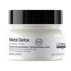 L’Oréal Metal Detox mask bottle front, protecting color and delivering nourishment.